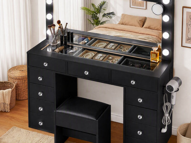 Artiss Dressing Table Charging Station LED Vanity Desk Set Stool Glass Top Make up Mirror Storage Drawer Black