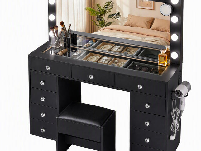 Artiss Dressing Table Charging Station LED Vanity Desk Set Stool Glass Top Make up Mirror Storage Drawer Black