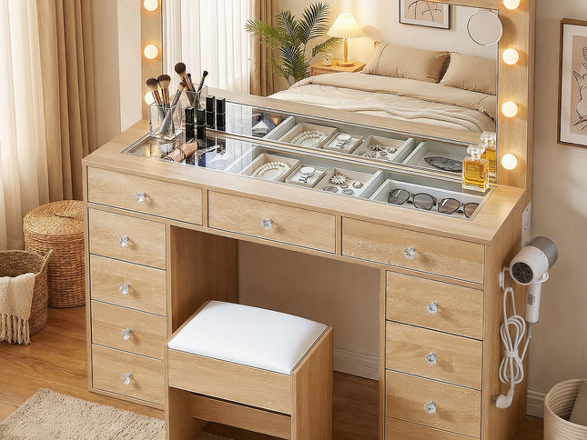 Artiss Dressing Table Vanity Desk Set Stool LED Bulbs Wood