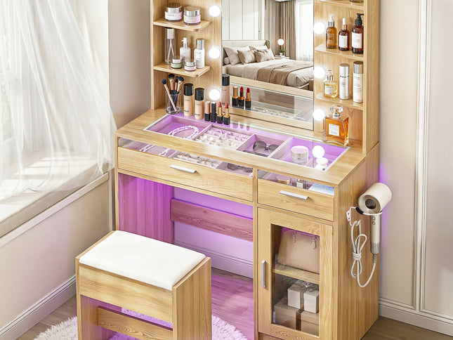 Artiss Dressing Table Vanity Desk Set 10 LED Bulbs RGB Light Wood