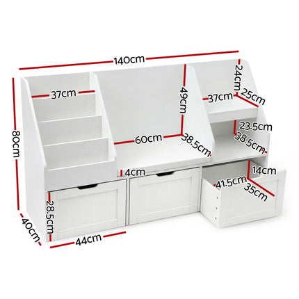 Keezi Kids Bookshelf Storage Organiser Toy Box Drawer Bench Seat Cabinet White