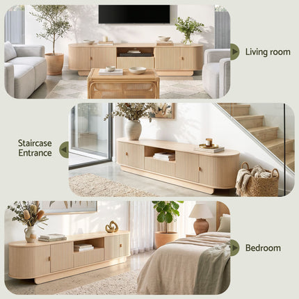 Artiss 220cm TV Unit Rounded Edge Slide Side Cabinet Door Pine