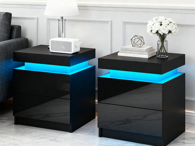Artiss 2X Bedside Table LED 2 Drawers Lift-up Storage - COLEY Black