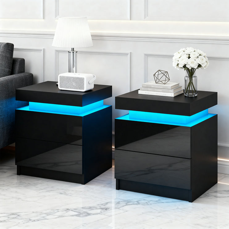 Artiss 2X Bedside Table LED 2 Drawers Lift-up Storage - COLEY Black