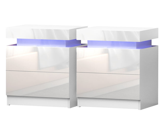 Artiss 2X Bedside Table LED 2 Drawers Lift-up Storage - COLEY White