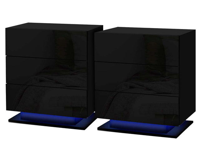 Artiss 2x Bedside Table LED 3 Drawers - MORI Black