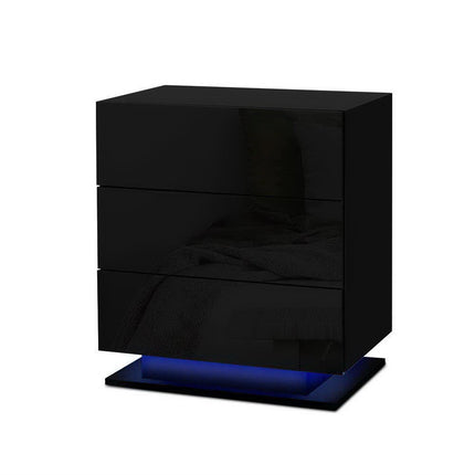 Artiss 2x Bedside Table LED 3 Drawers - MORI Black