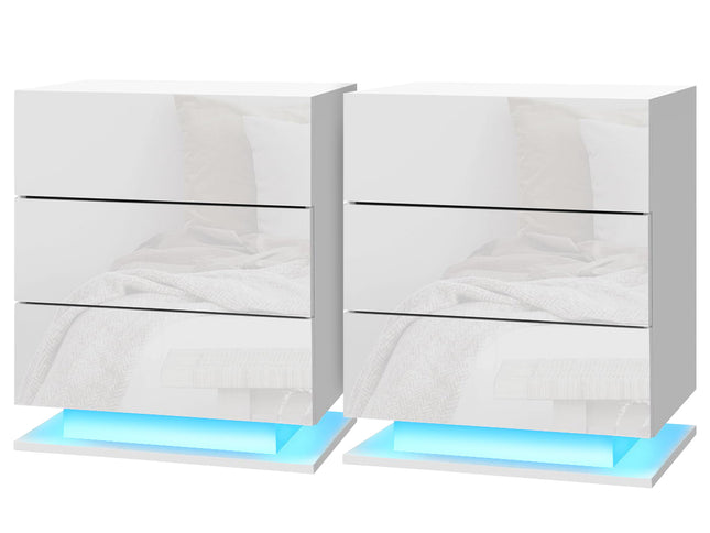 Artiss 2x Bedside Table LED 3 Drawers - MORI White