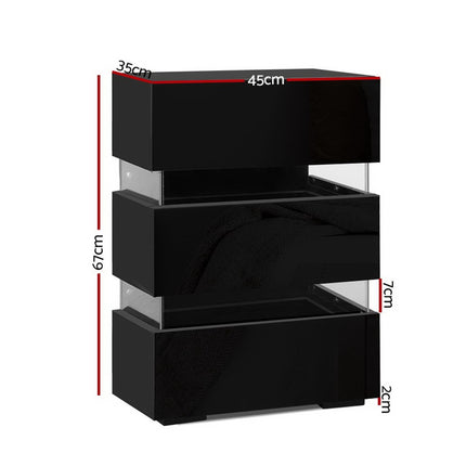 Artiss 2x Bedside Table LED 3 Drawers - LUMI Black