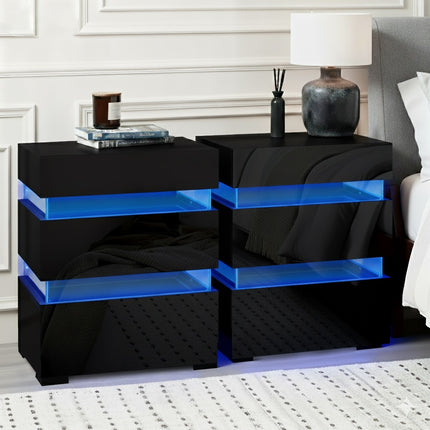 Artiss 2x Bedside Table LED 3 Drawers - LUMI Black