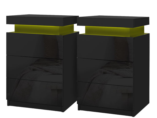 Artiss 2X Bedside Table LED 3 Drawers - COLEY Black