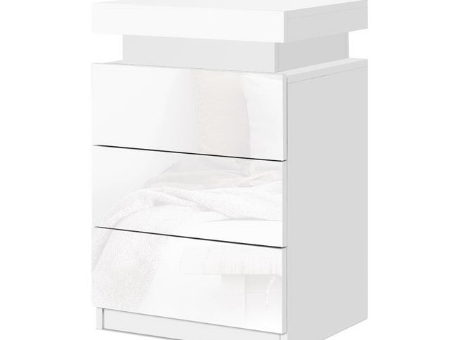 Artiss 2X Bedside Table LED 3 Drawers - COLEY White
