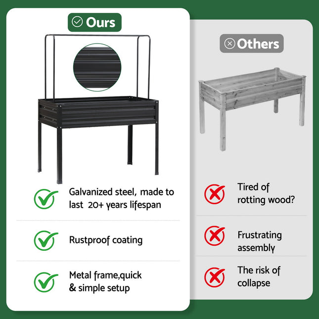 Green Fingers Elevated Metal Garden Bed Kit w Mini Greenhouse Cover 116x60cm Stand-Up Height Trellis