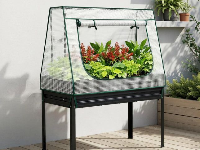 Green Fingers Elevated Metal Garden Bed Kit w Mini Greenhouse Cover 116x60cm Stand-Up Height Trellis