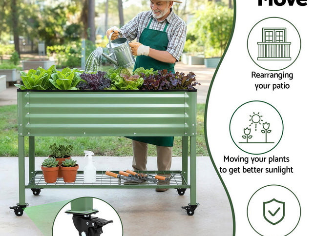 Green Fingers Elevated Raised Garden Bed Kit Mobile w/ Locking Wheels & Storage Shelf 100KG Max Load 115x60x81cm | Galvanized Steel, Portable Green Organizer for Seniors, Patio, Balcony, Vegetables