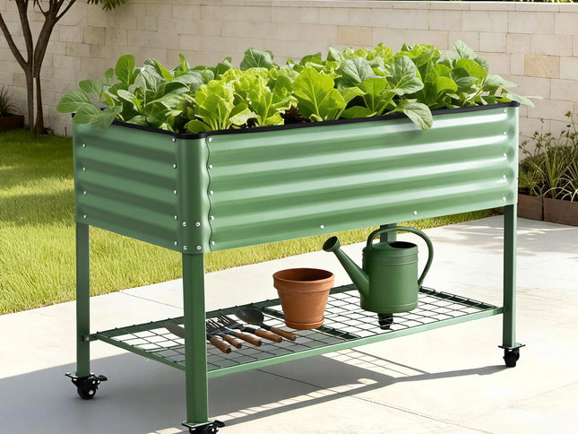 Green Fingers Elevated Raised Garden Bed Kit Mobile w/ Locking Wheels & Storage Shelf 100KG Max Load 115x60x81cm | Galvanized Steel, Portable Green Organizer for Seniors, Patio, Balcony, Vegetables