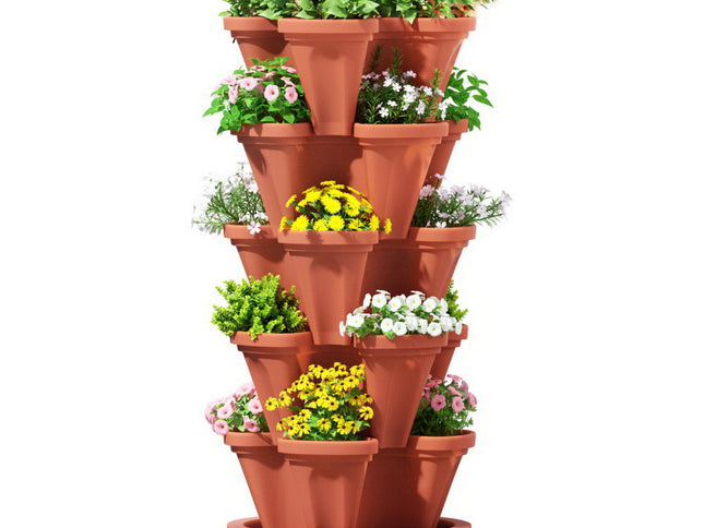 Green Fingers Raised Garden Bed 5 Tier Vertical Garden Brick Red Strawberry Stackable Planters Herbs Petunias