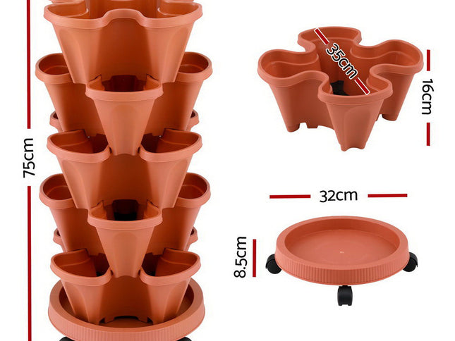 Green Fingers Raised Garden Bed 5 Tier Vertical Garden Brick Red Strawberry Stackable Planters Herbs Petunias