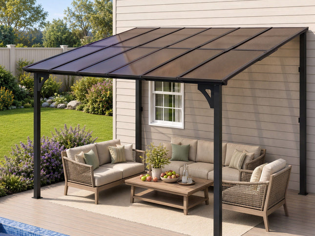 Instahut Gazebo Lean-To Pergola Garden Patio Polycarbonate 356cm X 275cm Brown