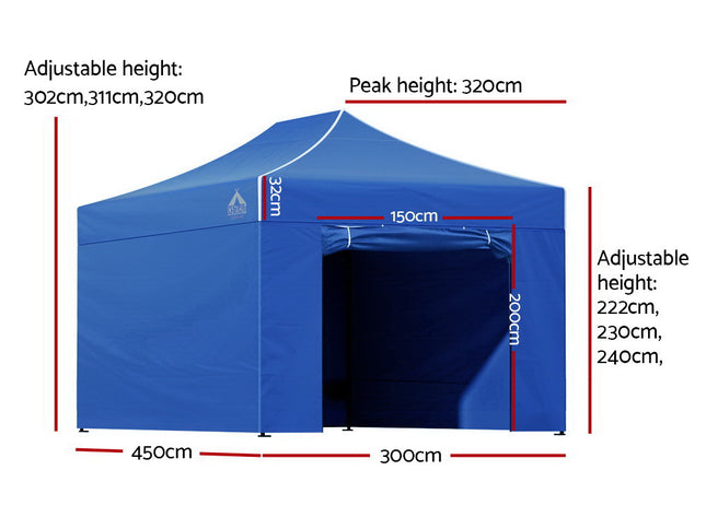 Instahut Gazebo 3x4.5 Pop Up Marquee Folding Tent Wedding Gazebos Camping Outdoor Shade Canopy Blue