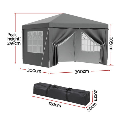 Instahut Gazebo 3x3 Pop Up Marquee Folding Tent Wedding Gazebos Camping Outdoor Shade Canopy Gray
