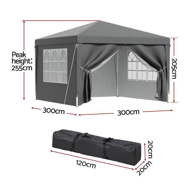 Instahut Gazebo 3x3 Pop Up Marquee Folding Tent Wedding Gazebos Camping Outdoor Shade Canopy Gray