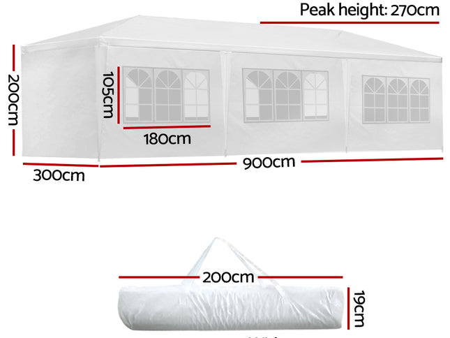 Instahut Gazebo 3x9m Marquee Wedding Party Tent Outdoor Camping Side Wall Canopy 8 Panel White