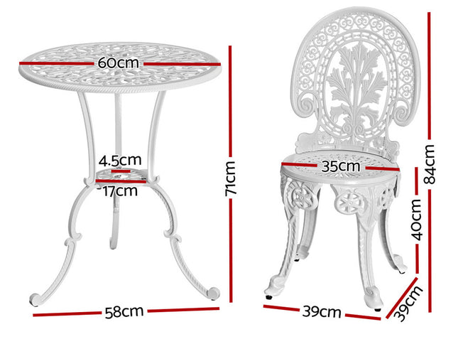 Gardeon 3PC Patio Furniture Outdoor Bistro Set Dining Chairs Aluminium White
