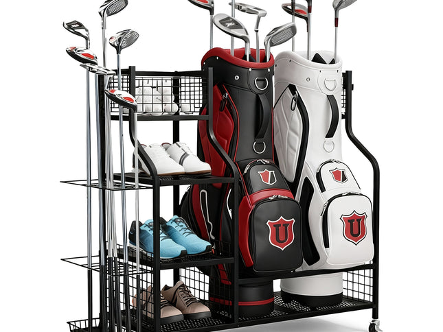 Everfit Golf Bag Storage Golf Storage Garage Organizer with Wheels Black