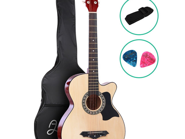 Alpha 38 Inch Acoustic Guitar Wooden Body Steel String Full Size Cutaway Wood