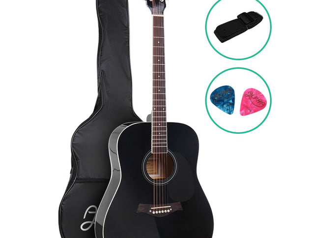 Alpha 41 Inch Acoustic Guitar Wooden Body Steel String Dreadnought Black