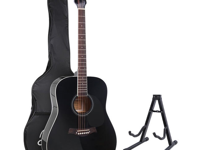 Alpha 41 Inch Acoustic Guitar Wooden Body Steel String Dreadnought Stand Black