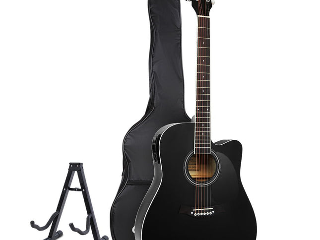 Alpha 41 Inch Acoustic Guitar Equaliser Electric Output Cutaway w/ Stand Black