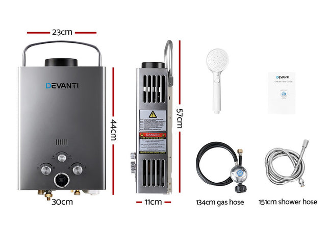 Devanti Portable Gas Water Heater 8L/Min LPG System Grey