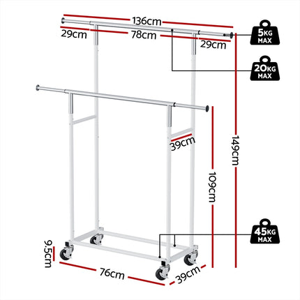 Artiss Clothes Rack Double Rod Airer Rail Coat Stand Adjustable Hanger