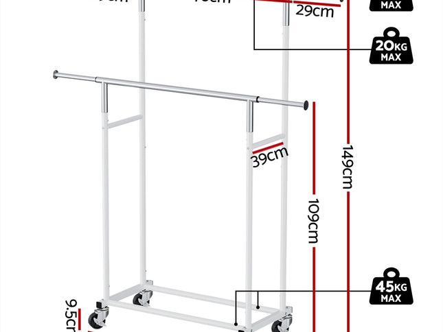 Artiss Clothes Rack Double Rod Airer Rail Coat Stand Adjustable Hanger