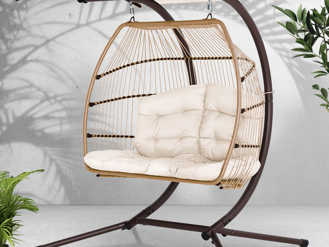 Gardeon Outdoor Egg Swing Chair Wicker Furniture Pod Stand Canopy 2 Seater Latte