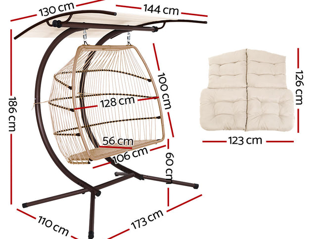 Gardeon Outdoor Egg Swing Chair Wicker Furniture Pod Stand Canopy 2 Seater Latte