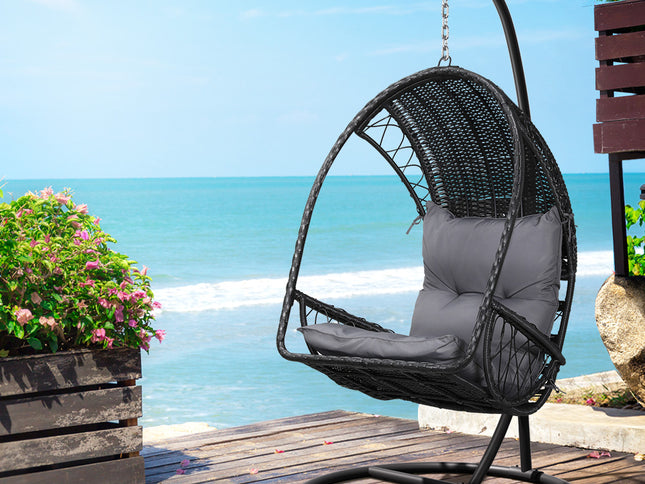 Gardeon Outdoor Egg Swing Chair Wicker Furniture Pod Stand Armrest Black
