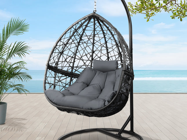 Gardeon Outdoor Egg Swing Chair Wicker Rattan Furniture Pod Stand Cushion Grey