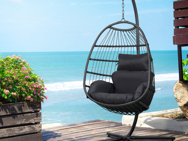 Gardeon Outdoor Egg Swing Chair Hanging Chair Wicker Rope Pod Stand Foldable Grey