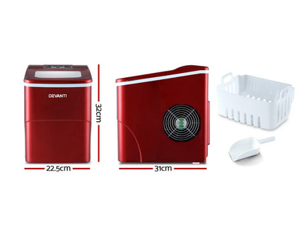 DEVANTi Portable Ice Cube Maker Machine 2L Home Bar Benchtop Easy Quick Red