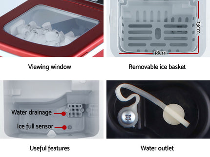 DEVANTi Portable Ice Cube Maker Machine 2L Home Bar Benchtop Easy Quick Red