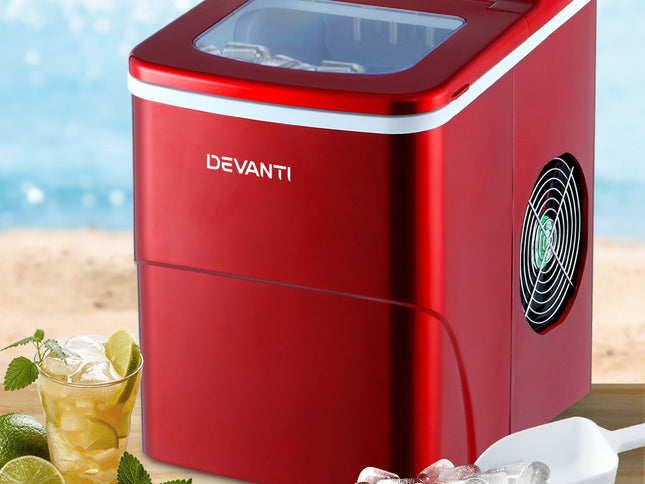DEVANTi Portable Ice Cube Maker Machine 2L Home Bar Benchtop Easy Quick Red