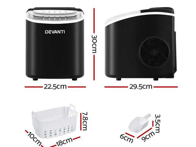 Devanti Portable Ice Maker Machine Ice Cube Tray 12kg Bar Countertop Black