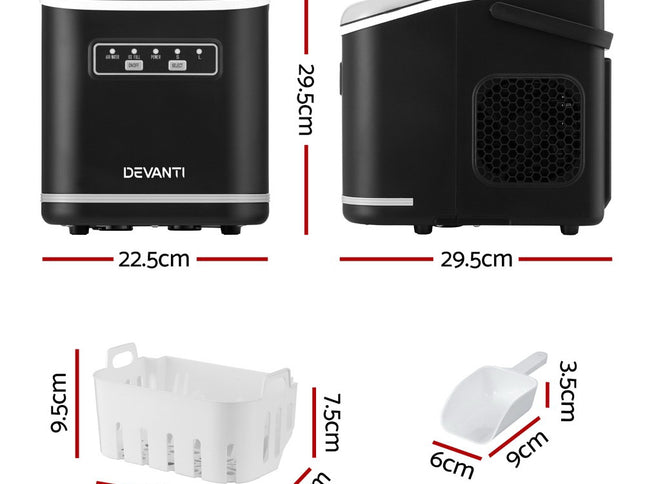 Devanti Ice Maker Machine Portable 12kg Countertop w/Self Cleaning 1.3L Black
