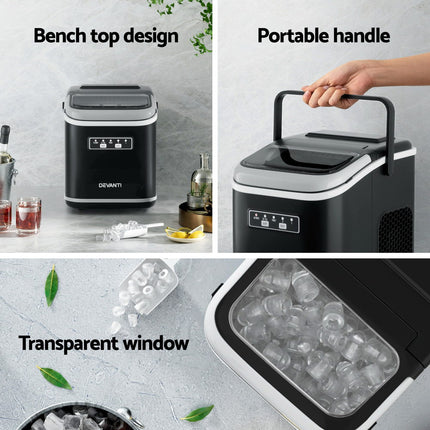 Devanti Ice Maker Machine Portable 12kg Countertop w/Self Cleaning 1.3L Black