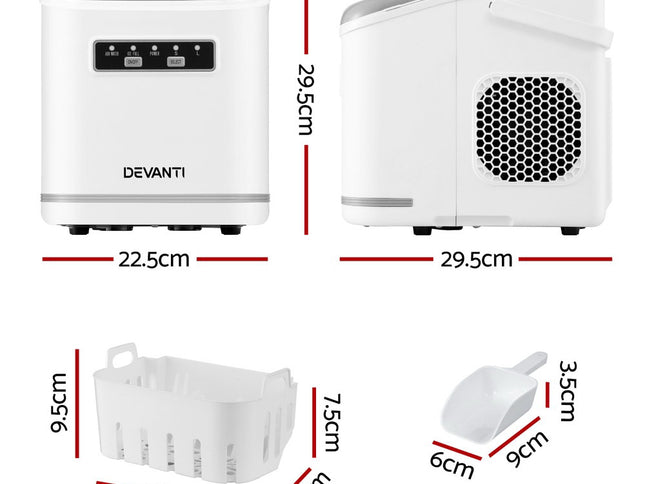Devanti Ice Maker Machine Portable 12kg Countertop w/Self Cleaning 1.3L White