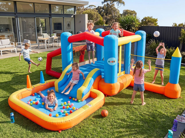 Keezi Inflatable Kids Pool Play Park Jumping Castle Volleyball Net with Blower Balls 4mx4.37m