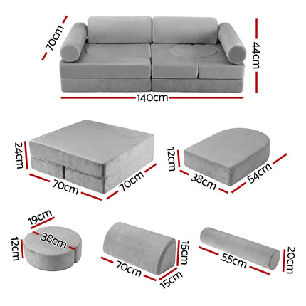 Keezi 12PCS Modular Kids Sofa Play Couch Foam Set with Removable Washable Cover Grey Playroom